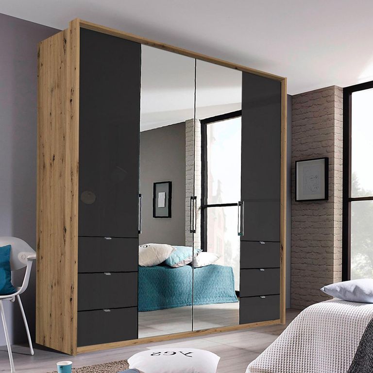 Erimo Wardrobe - 204cm - 4 Door - 6 Drawer - Combi - Artisan Oak & Basalt Glass