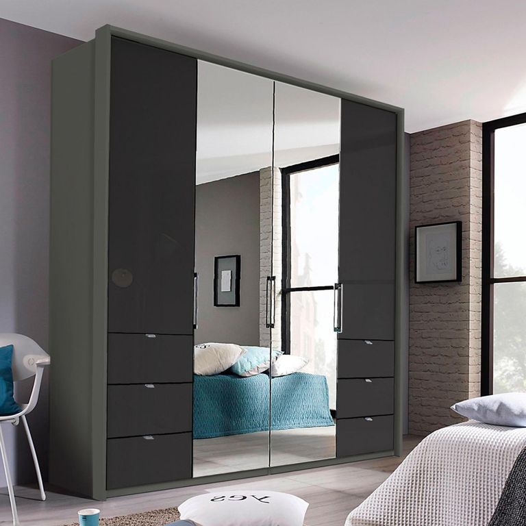 Erimo Wardrobe - 204cm - 4 Door - 6 Drawer - Combi - Graphite & Basalt Glass