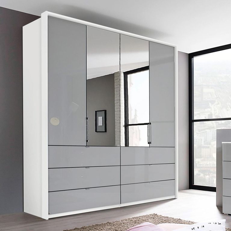 Erimo Wardrobe - 204cm - 4 Door - with Drawer - Combi - Alpine White & Silk Grey Glass