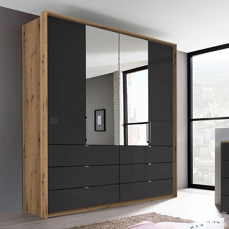Erimo Wardrobe - 204cm - 4 Door - 6 Drawer - Combi - Artisan Oak 6 Basalt Glass