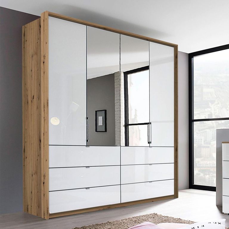 Erimo Wardrobe - 204cm - 4 Door - 6 Drawer - Combi - Artisan Oak 6 Crystal White Glass