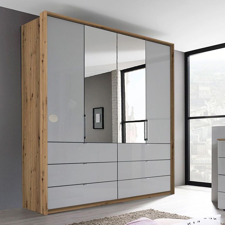 Erimo Wardrobe - 204cm - 4 Door - 6 Drawer - Combi - Artisan Oak 6 Silk Grey Glass