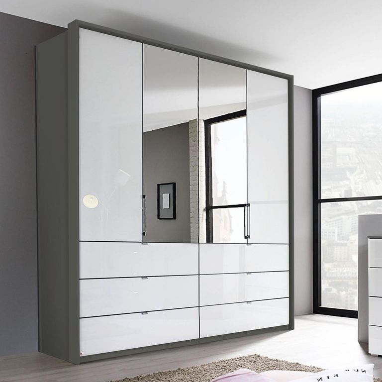 Erimo Wardrobe - 204cm - 4 Door - with Drawer - Combi - Graphite & Crystal White Glass