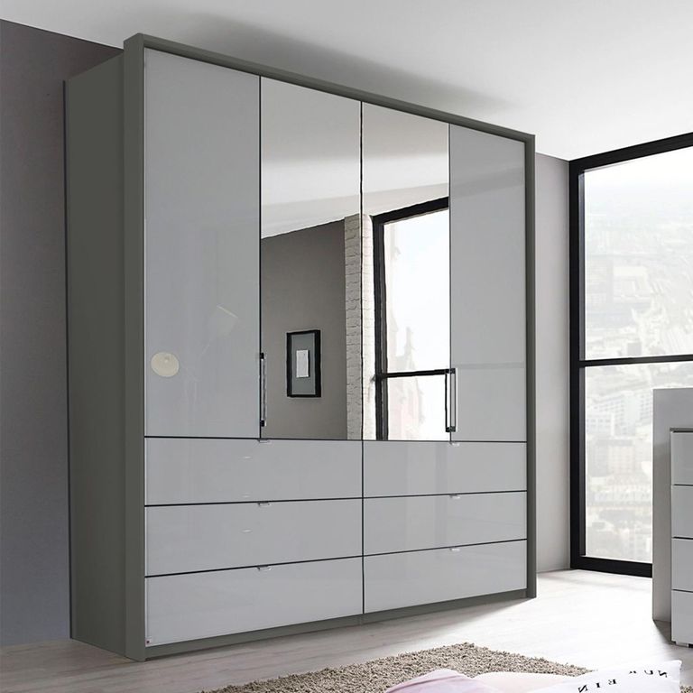 Erimo Wardrobe - 204cm - 4 Door - with Drawer - Combi - Graphite & Silk Grey Glass