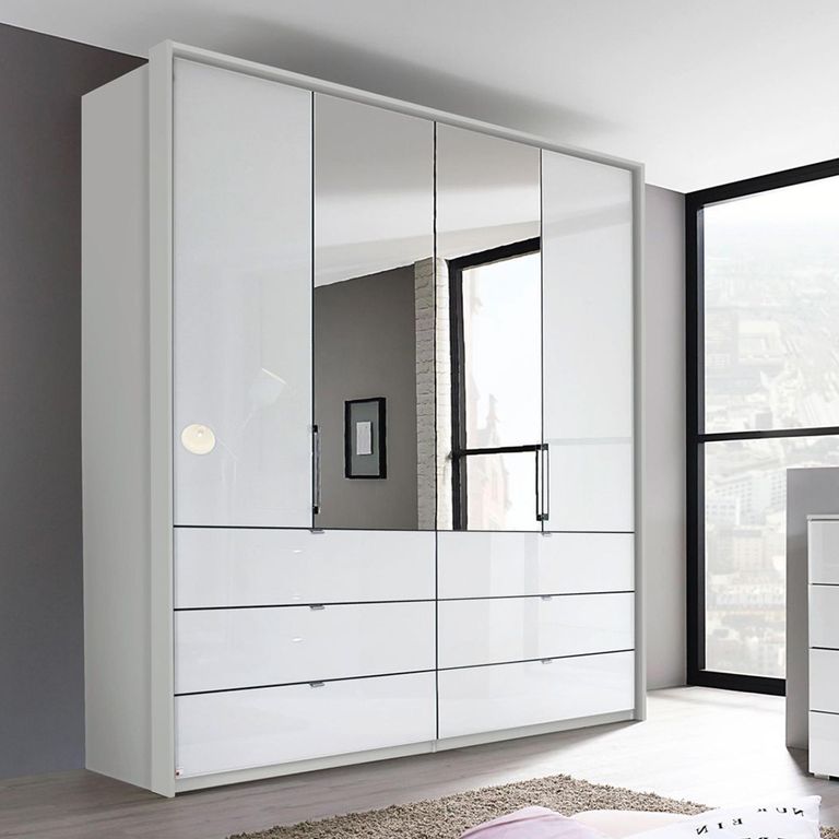 Erimo Wardrobe - 204cm - 4 Door - with Drawer - Combi - Silk Grey & Crystal White Glass