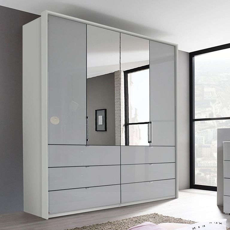 Erimo Wardrobe - 204cm - 4 Door - with Drawer - Combi - Silk Grey & Silk Grey Glass