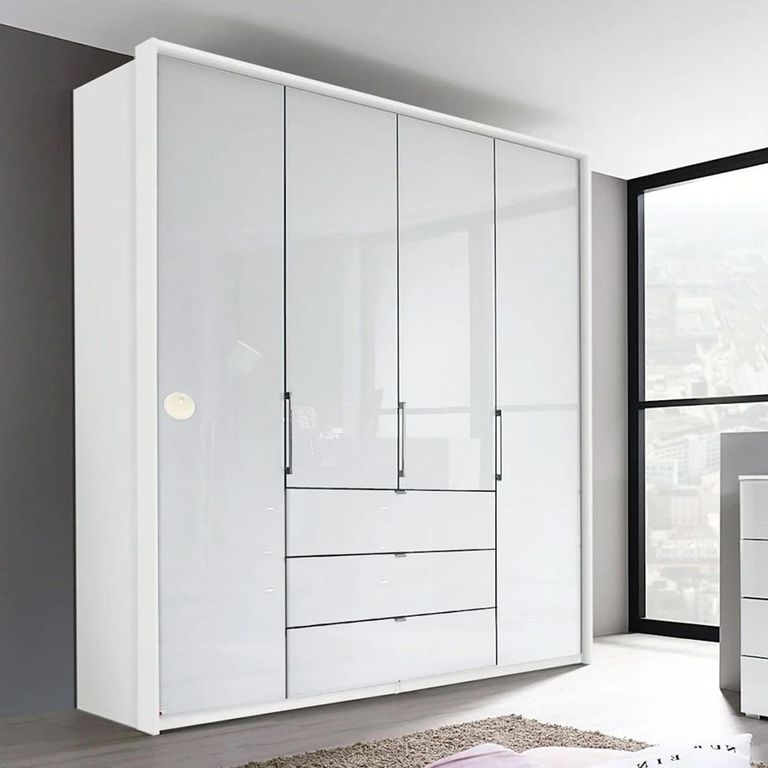 Rauch Erimo 204cm 4 Door Wardrobe with 3 Drawer - Alpine White and Crystal White Glass