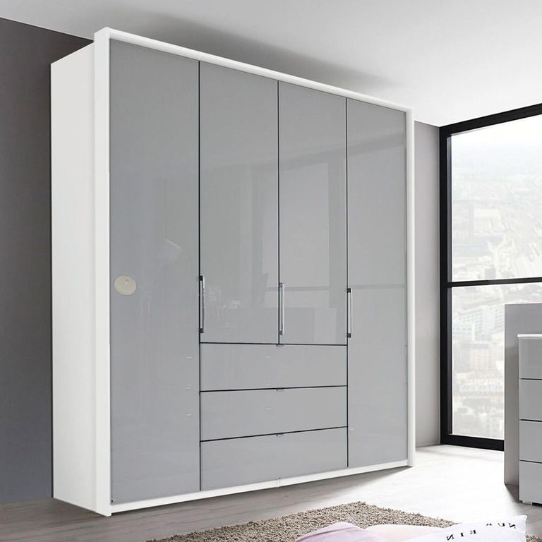 Rauch Erimo 204cm 4 Door Wardrobe with 3 Drawer - Alpine White and Silk Grey Glass