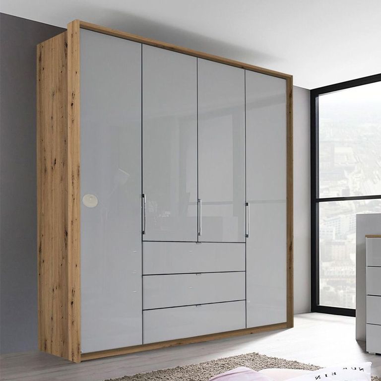 Rauch Erimo 204cm 4 Door Wardrobe with 3 Drawer - Artisan Oak and Silk Grey Glass
