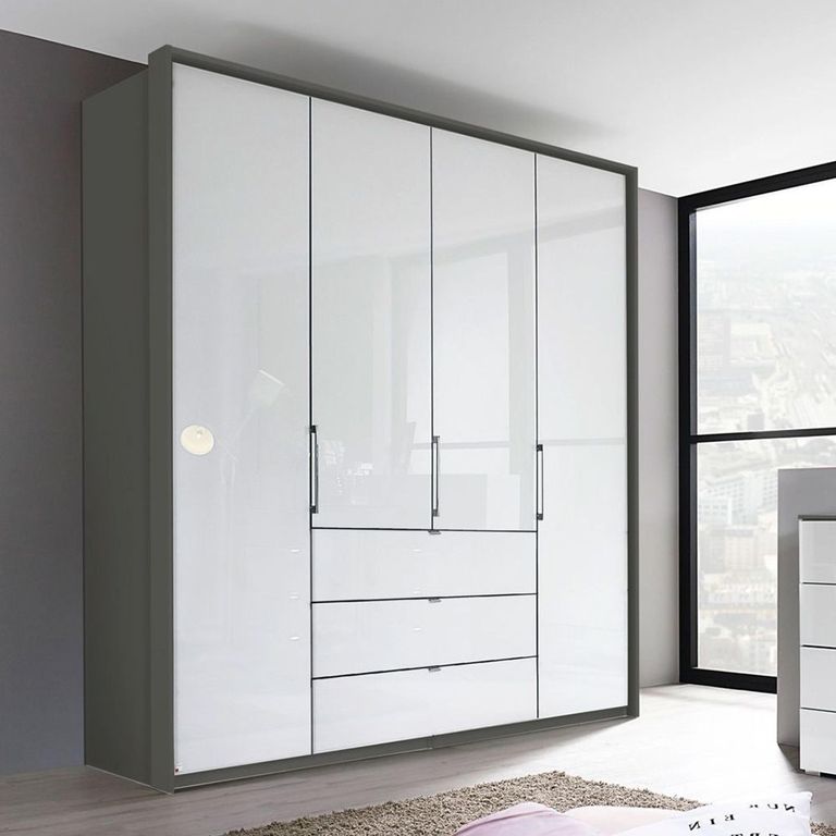Rauch Erimo 204cm 4 Door Wardrobe with 3 Drawer - Graphite and Crystal White Glass