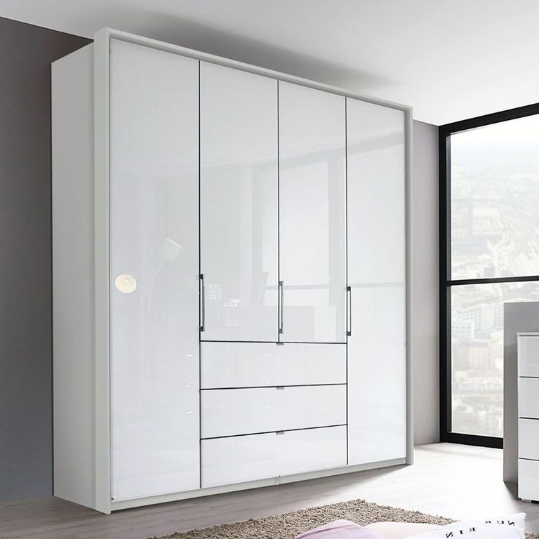 Rauch Erimo 204cm 4 Door Wardrobe with 3 Drawer - Silk Grey and Crystal White Glass