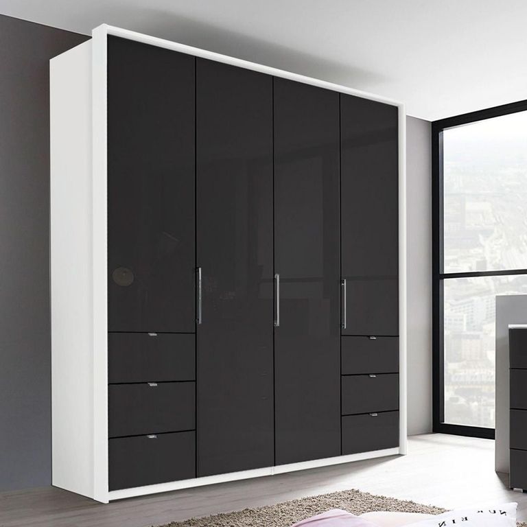 Erimo Wardrobe - 204cm - 4 Door - with 6 Drawer - Alpine White & Basalt Glass
