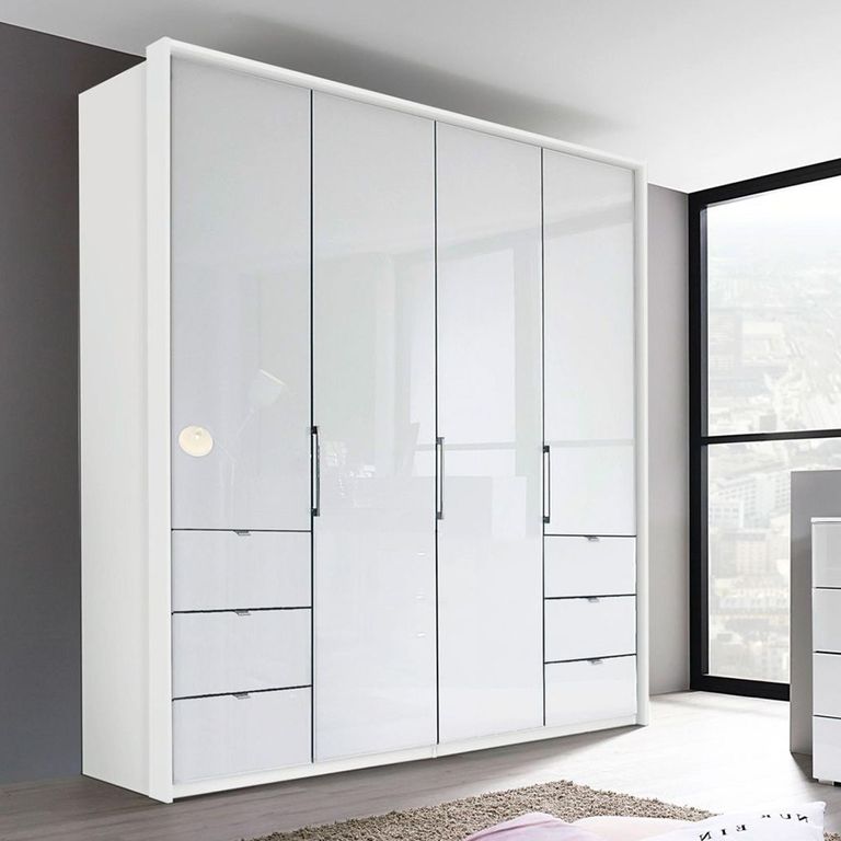 Erimo Wardrobe - 204cm - 4 Door - with 6 Drawer - Alpine White & Crystal White Glass