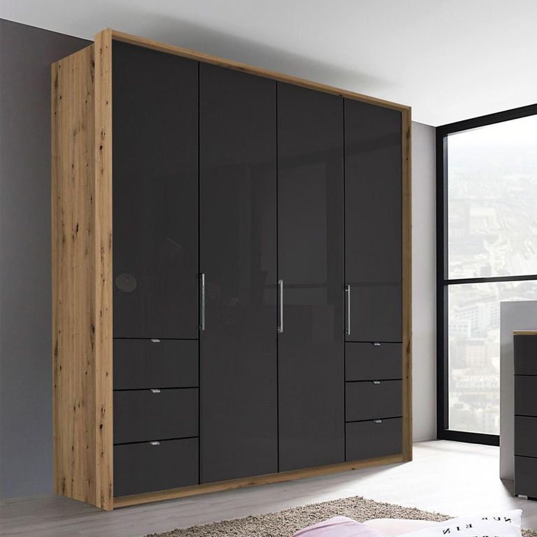 Erimo Wardrobe - 204cm - 4 Door - with 6 Drawer - Artisan Oak & Basalt Glass