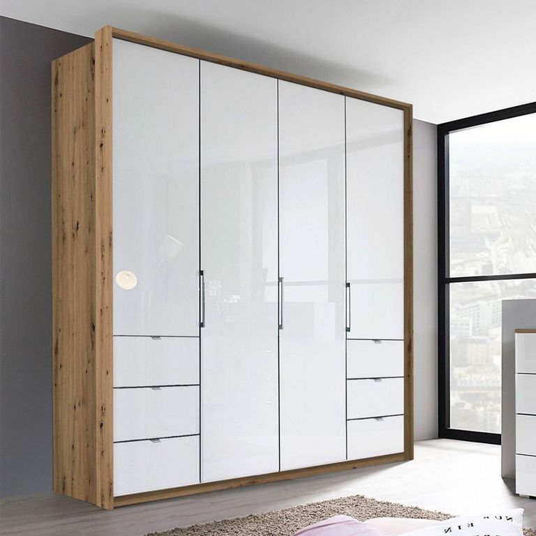 Erimo Wardrobe - 204cm - 4 Door - with 6 Drawer - Artisan Oak & Crystal White Glass