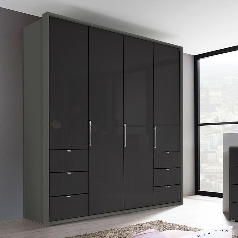 Erimo Wardrobe - 204cm - 4 Door - with 6 Drawer - Graphite & Basalt Glass