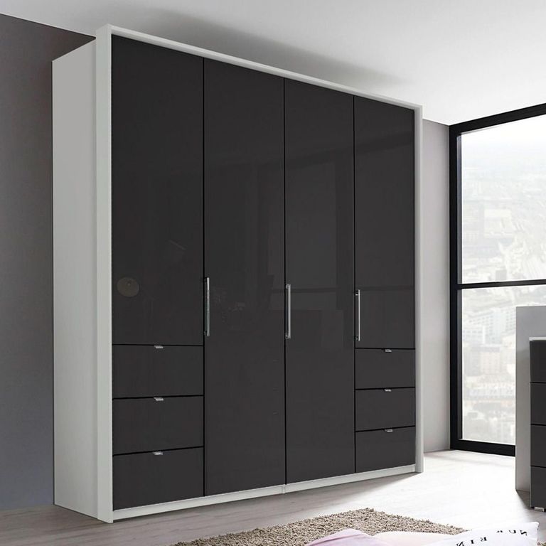 Erimo Wardrobe - 204cm - 4 Door - with 6 Drawer - Silk Grey & Basalt Glass
