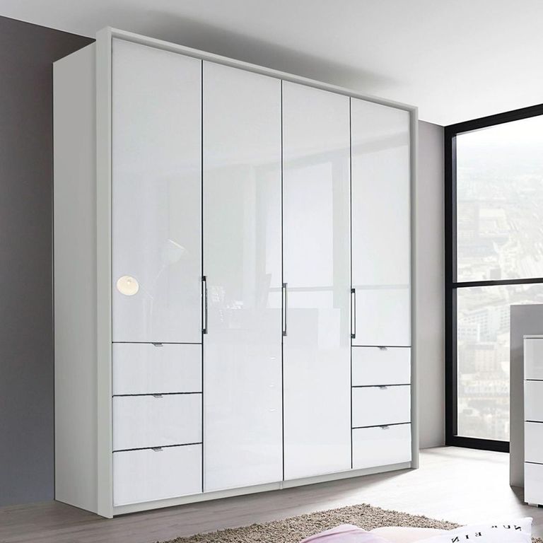 Erimo Wardrobe - 204cm - 4 Door - with 6 Drawer - Silk Grey & Crystal White Glass
