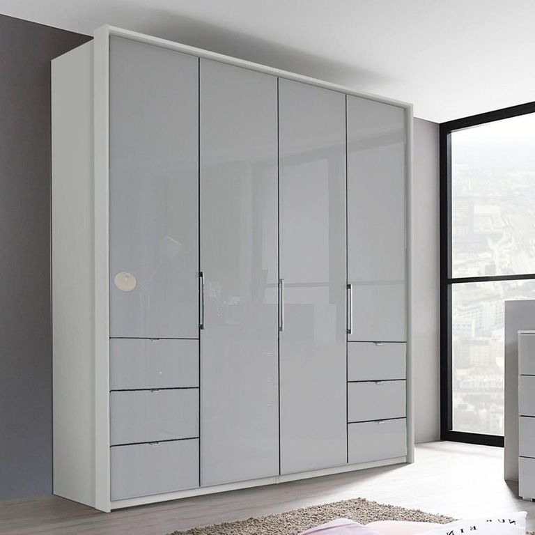 Erimo Wardrobe - 204cm - 4 Door - with 6 Drawer - Silk Grey & Silk Grey Glass