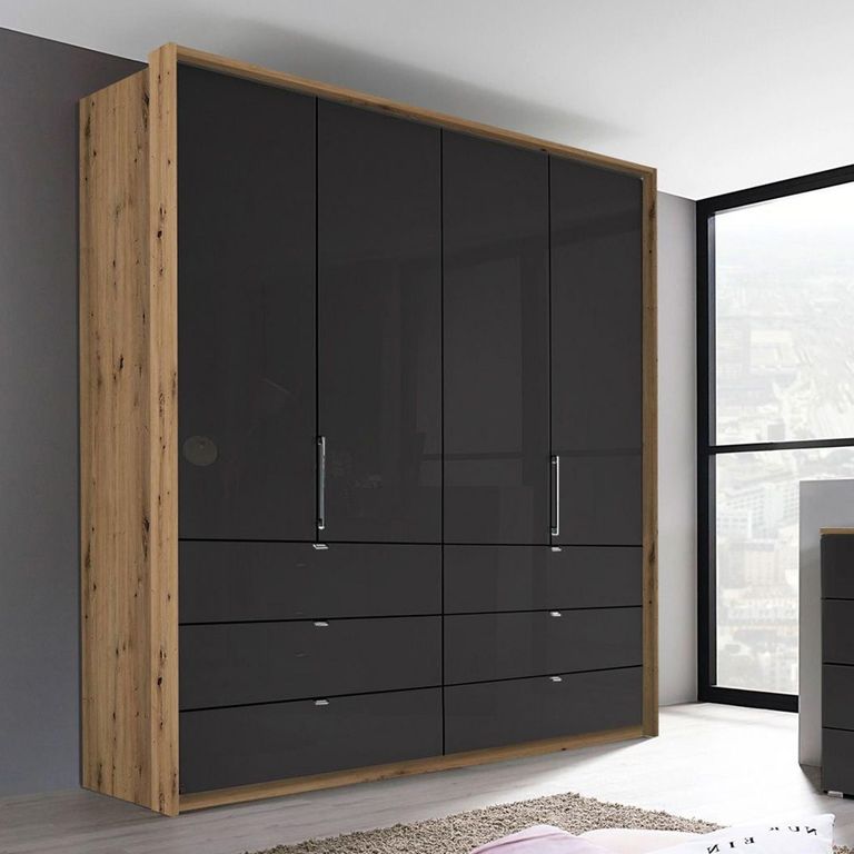 Erimo Wardrobe - 204cm - 4 Door - 6 Drawer - Artisan Oak & Basalt Glass