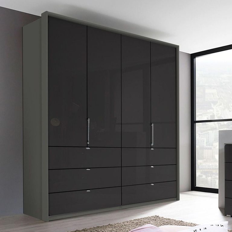 Erimo Wardrobe - 204cm - 4 Door - 6 Drawer - Graphite & Basalt Glass