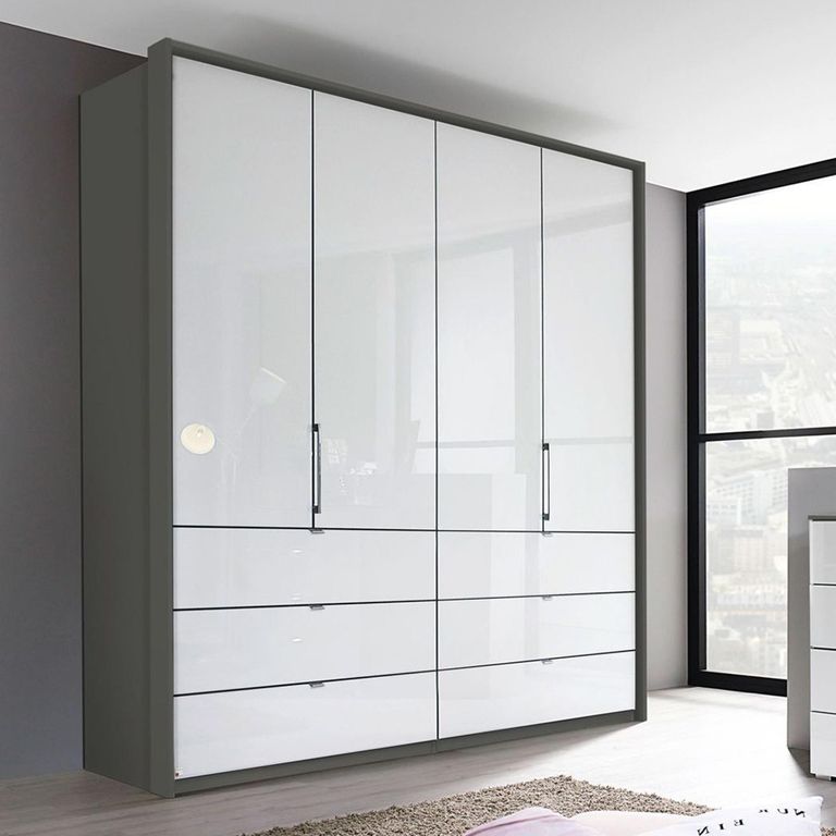 Erimo Wardrobe - 204cm - 4 Door - 6 Drawer - Graphite & Crystal White Glass