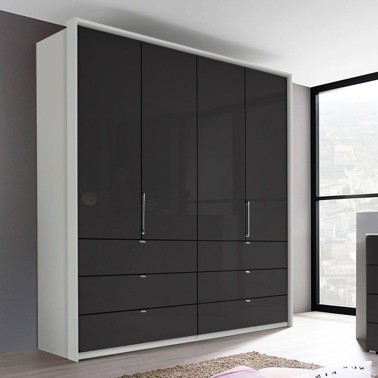 Erimo Wardrobe - 204cm - 4 Door - 6 Drawer - Silk Grey & Basalt Glass
