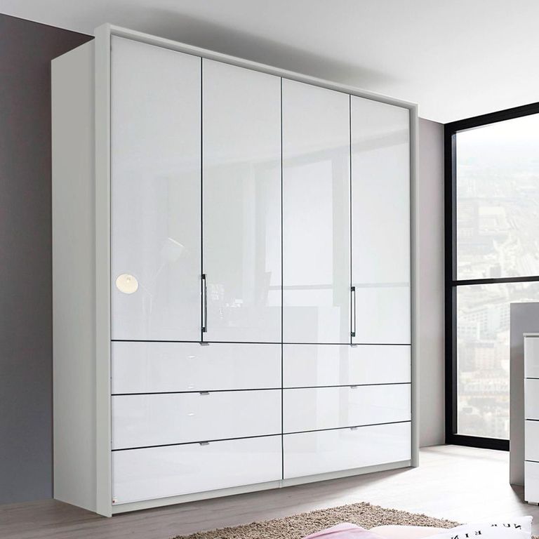Erimo Wardrobe - 204cm - 4 Door - 6 Drawer - Silk Grey & Crystal White Glass