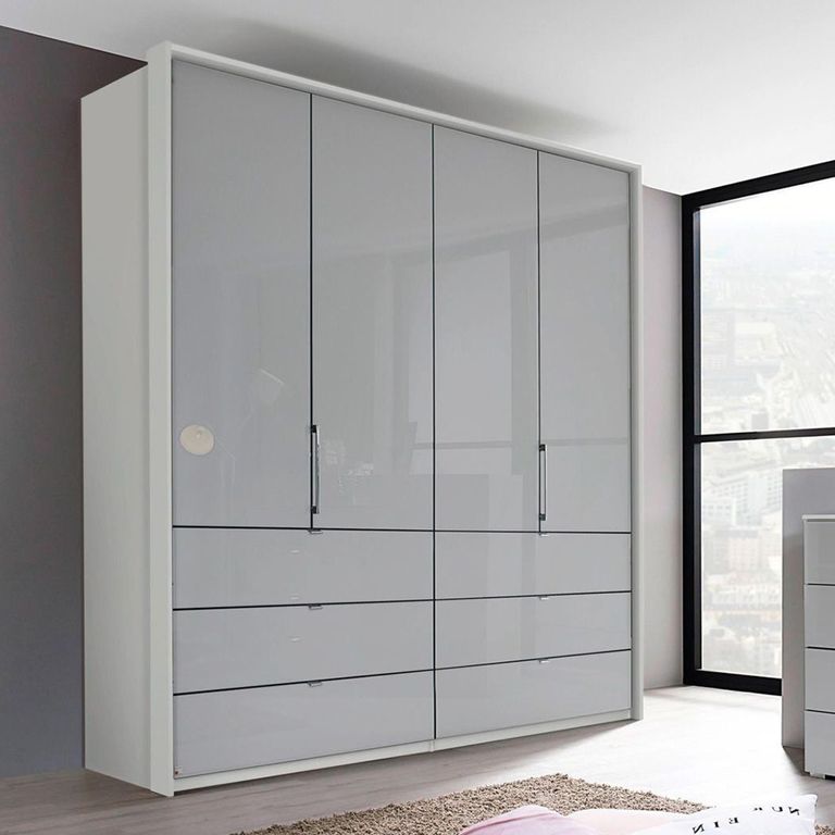 Erimo Wardrobe - 204cm - 4 Door - 6 Drawer - Silk Grey & Silk Grey Glass