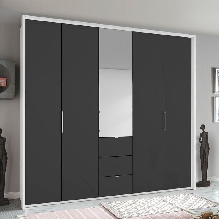 Rauch Erimo 254cm 5 Door Combi Wardrobe with 3 Drawer - Alpine White and Basalt Glass