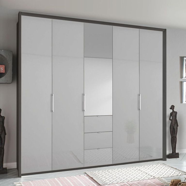 Rauch Erimo 254cm 5 Door Combi Wardrobe with 3 Drawer - Graphite and Silk Grey Glass
