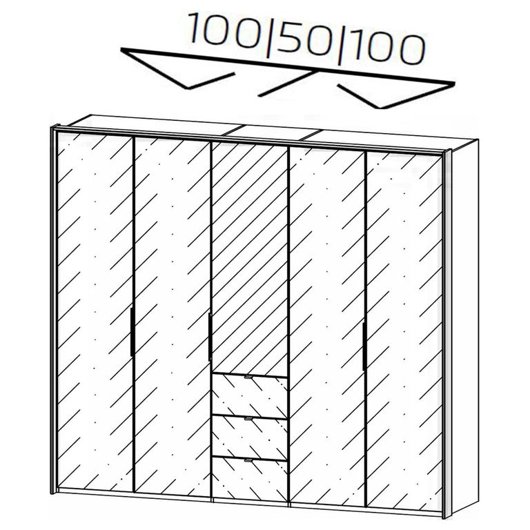 Rauch Erimo 254cm 5 Door Combi Wardrobe with 3 Drawer - Silk Grey and Crystal White Glass