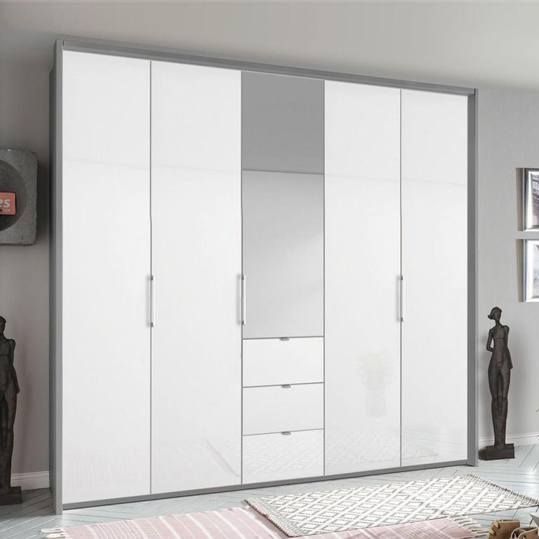 Rauch Erimo 254cm 5 Door Combi Wardrobe with 3 Drawer - Silk Grey and Crystal White Glass