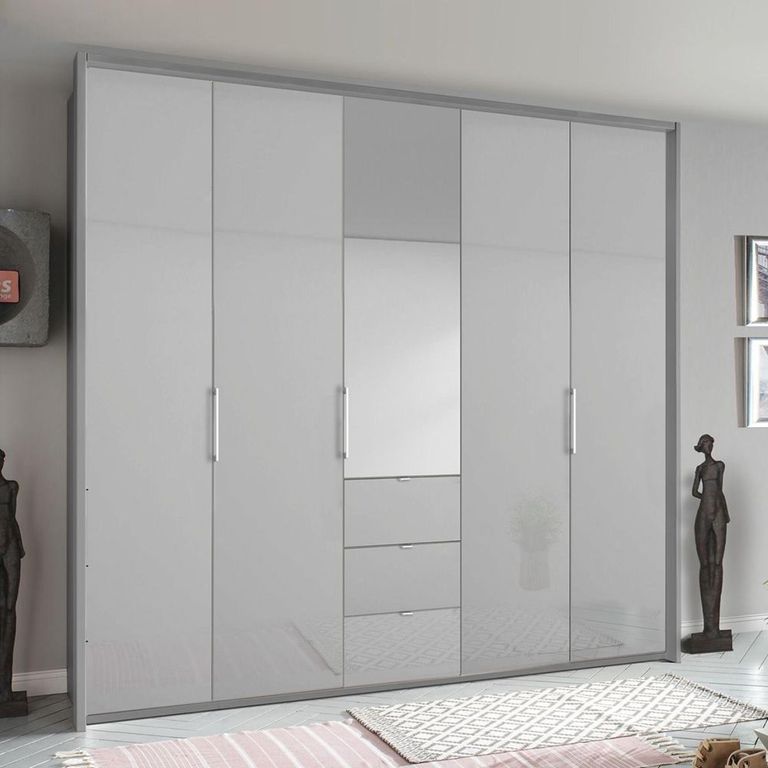 Rauch Erimo 254cm 5 Door Combi Wardrobe with 3 Drawer - Silk Grey and Silk Grey Glass