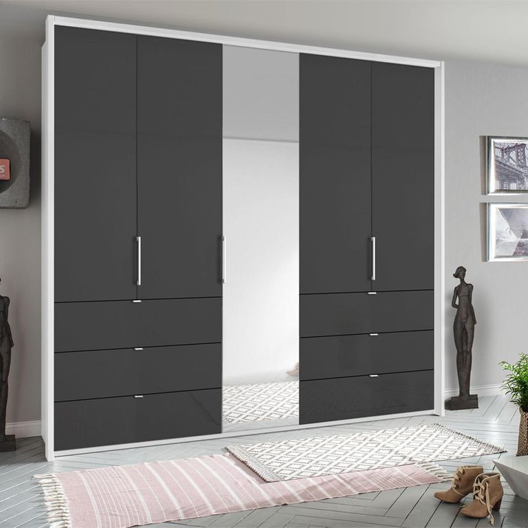 Rauch Erimo 254cm 5 Door Combi Wardrobe with 6 Drawer - Alpine White and Basalt Glass