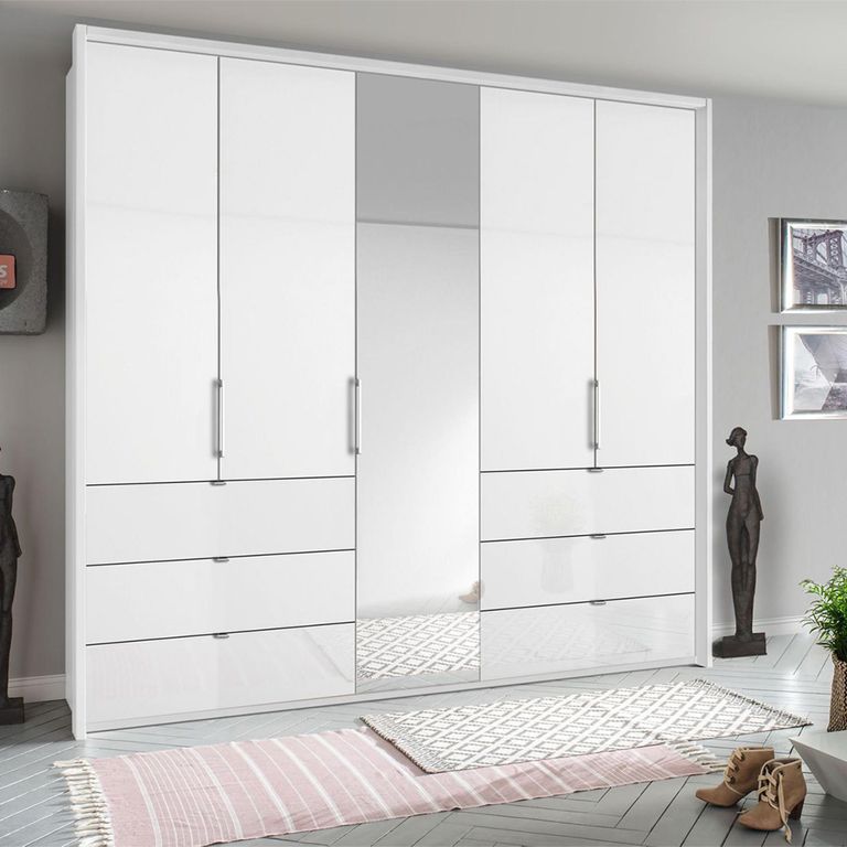 Rauch Erimo 254cm 5 Door Combi Wardrobe with 6 Drawer - Alpine White and Crystal White Glass