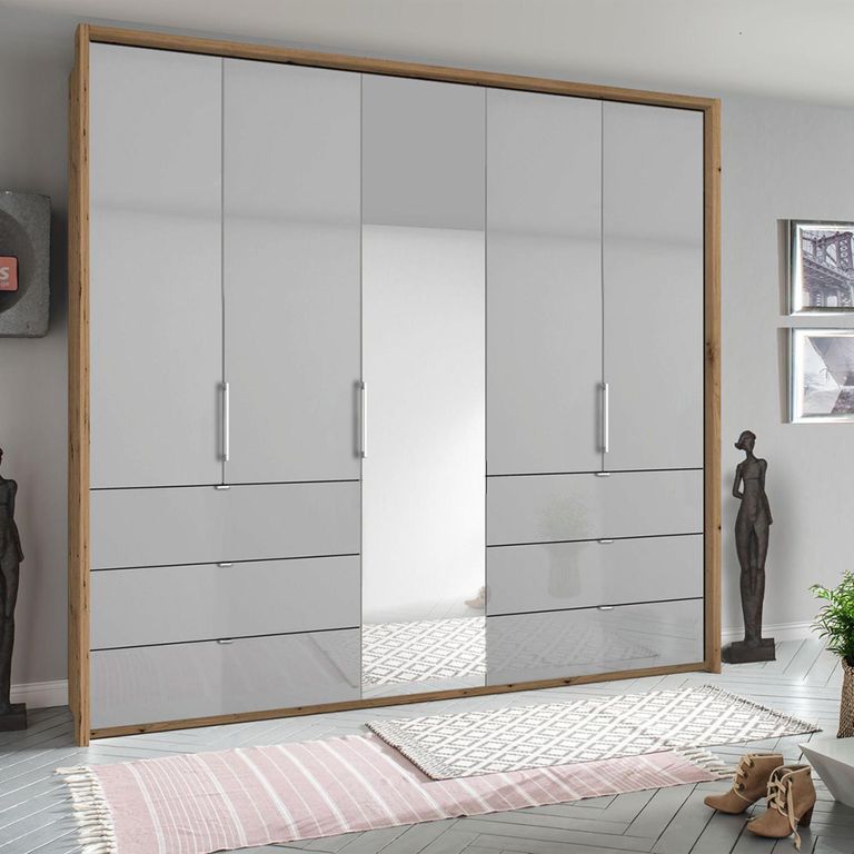 Rauch Erimo 254cm 5 Door Combi Wardrobe with 6 Drawer - Artisan Oak and Silk Grey Glass