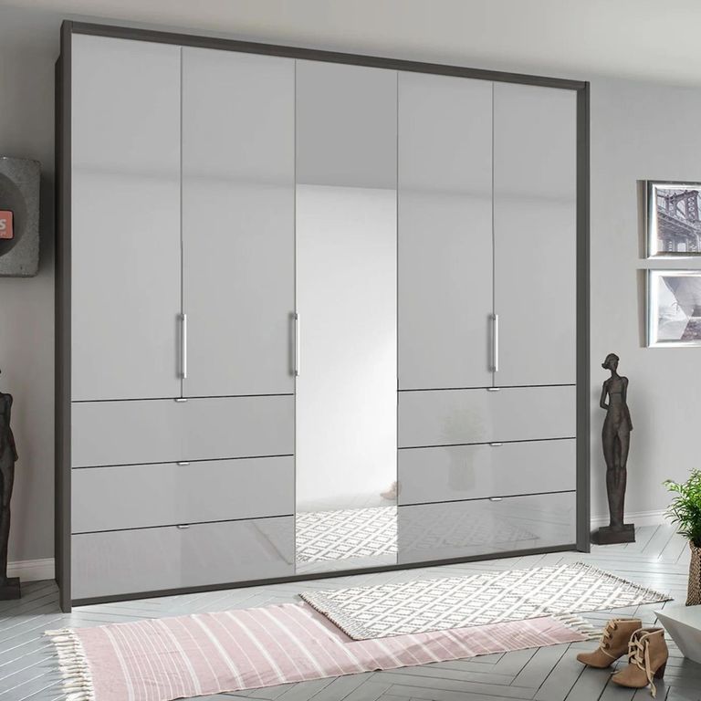 Rauch Erimo 254cm 5 Door Combi Wardrobe with 6 Drawer - Graphite and Silk Grey Glass