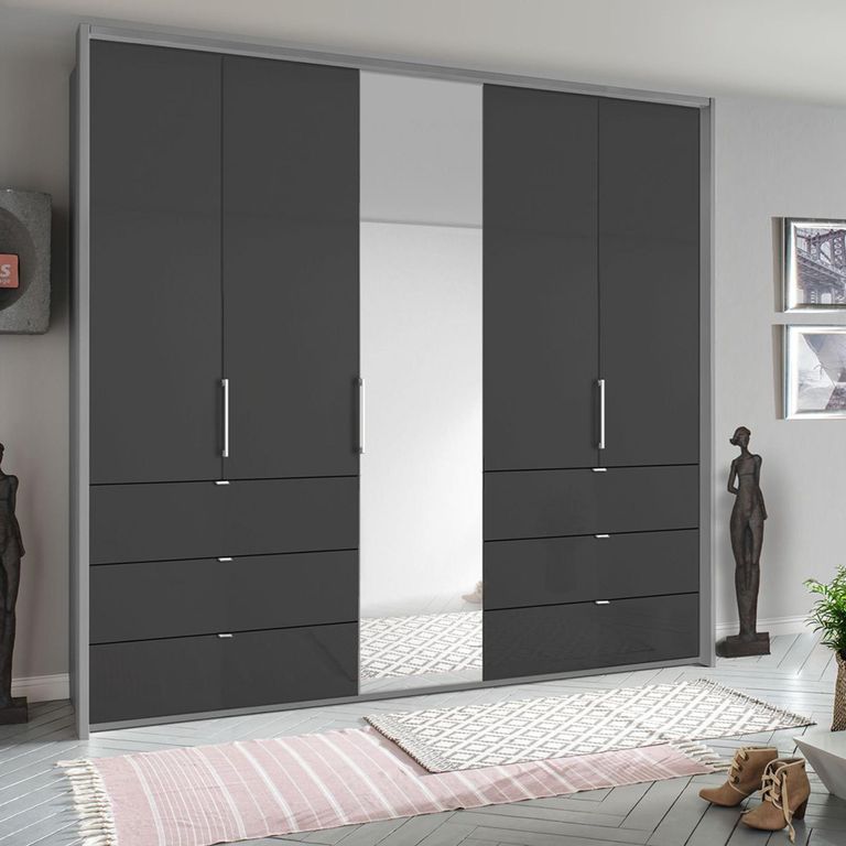 Rauch Erimo 254cm 5 Door Combi Wardrobe with 6 Drawer - Silk Grey and Basalt Glass