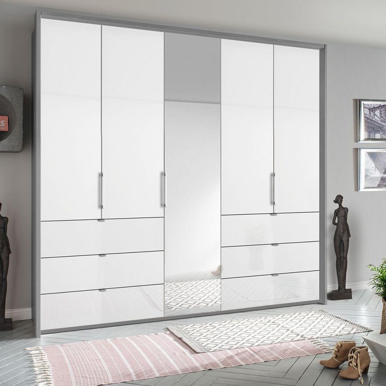 Rauch Erimo 254cm 5 Door Combi Wardrobe with 6 Drawer - Silk Grey and Crystal White Glass