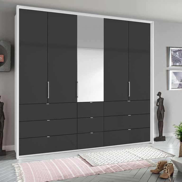 Rauch Erimo 254cm 5 Door Combi Wardrobe with 9 Drawer - Alpine White and Basalt Glass