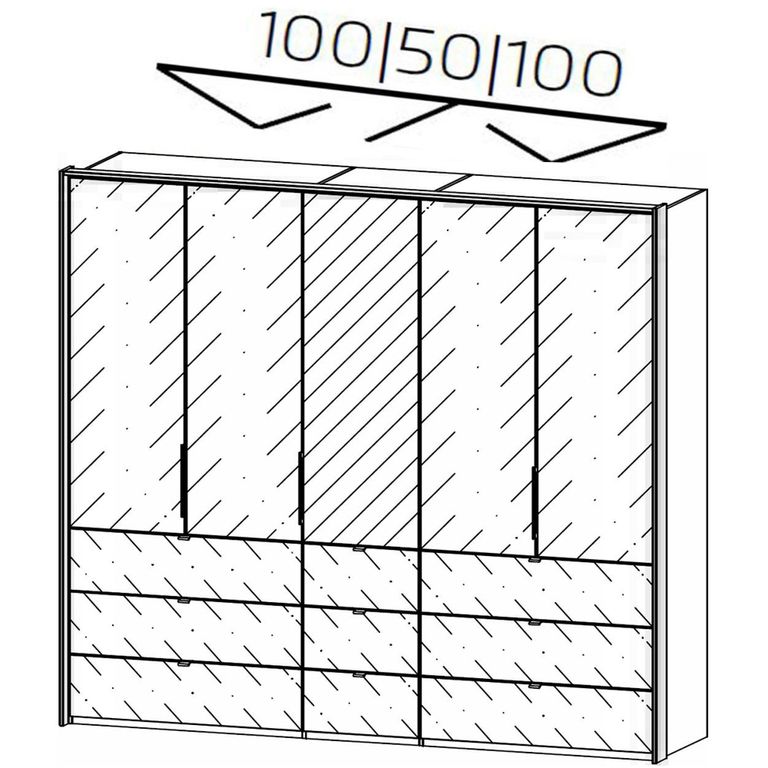 Rauch Erimo 254cm 5 Door Combi Wardrobe with 9 Drawer - Alpine White and Crystal White Glass