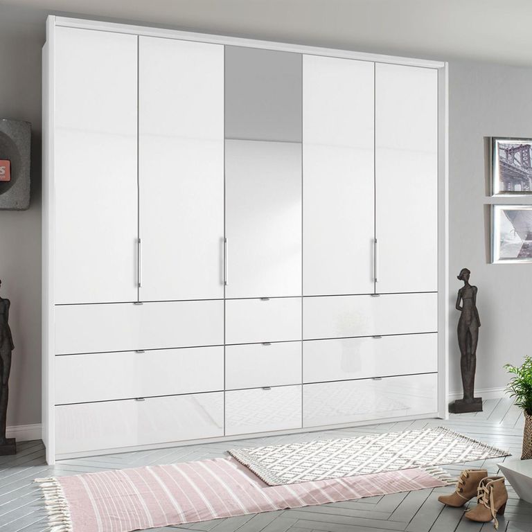 Rauch Erimo 254cm 5 Door Combi Wardrobe with 9 Drawer - Alpine White and Crystal White Glass