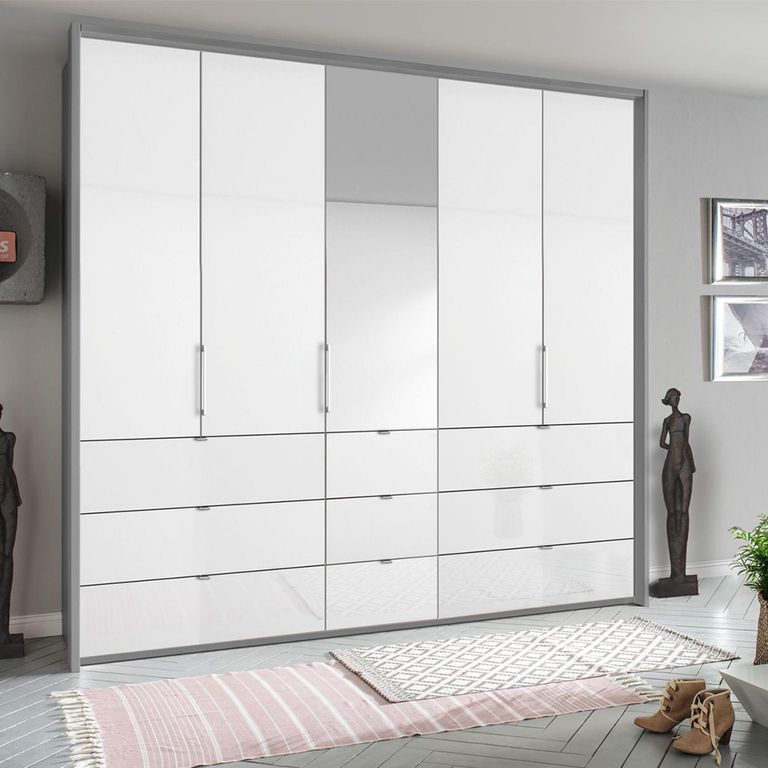 Rauch Erimo 254cm 5 Door Combi Wardrobe with 9 Drawer - Silk Grey and Crystal White Glass