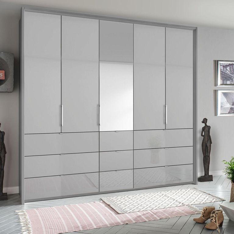 Rauch Erimo 254cm 5 Door Combi Wardrobe with 9 Drawer - Silk Grey and Silk Grey Glass