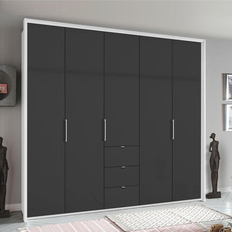 Rauch Erimo 254cm 5 Door Wardrobe with 3 Drawer - Alpine White and Basalt Glass
