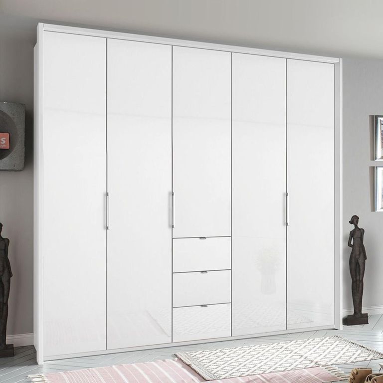 Rauch Erimo 254cm 5 Door Wardrobe with 3 Drawer - Alpine White and Crystal White Glass