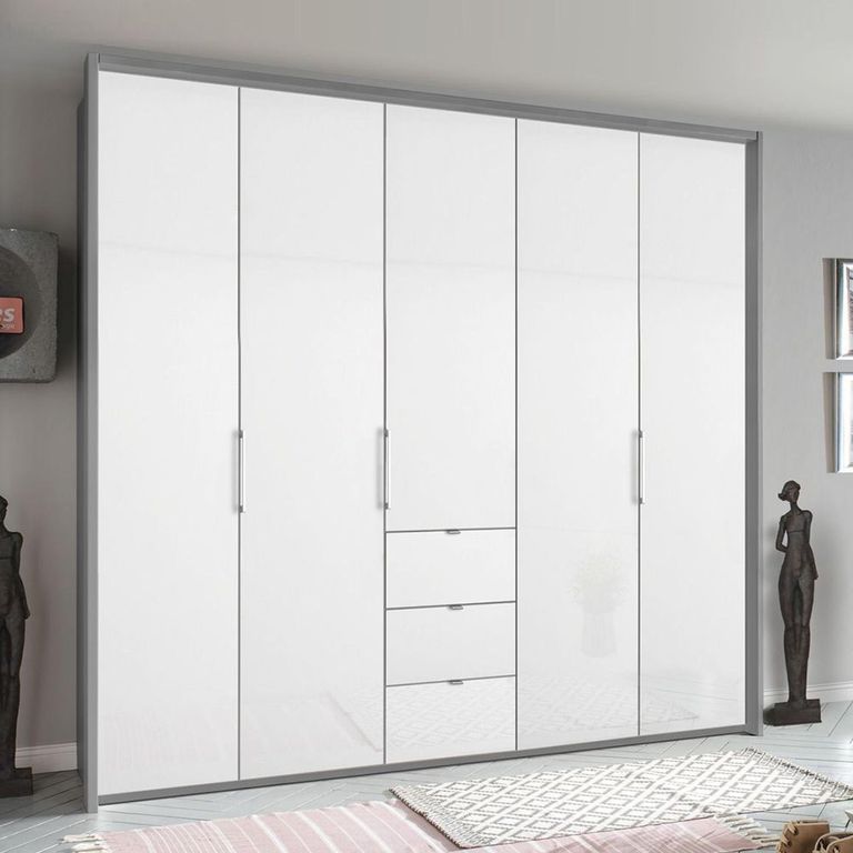 Rauch Erimo 254cm 5 Door Wardrobe with 3 Drawer - Silk Grey and Crystal White Glass
