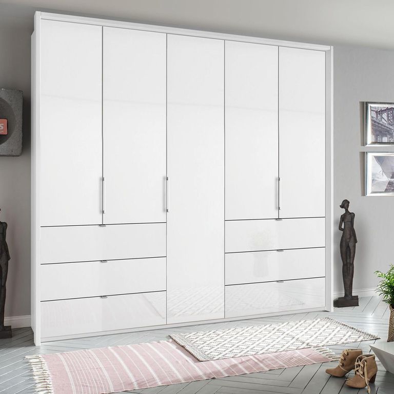Erimo Wardrobe - 254cm - 5 Door - 6 Drawer - Alpine White & Crystal White Glass