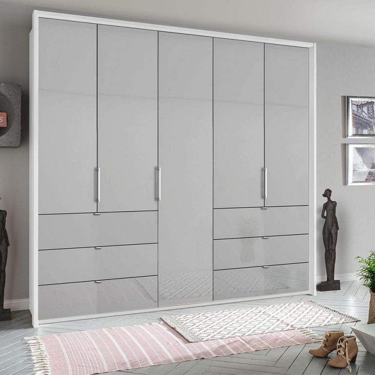 Erimo Wardrobe - 254cm - 5 Door - 6 Drawer - Alpine White & Silk Grey Glass
